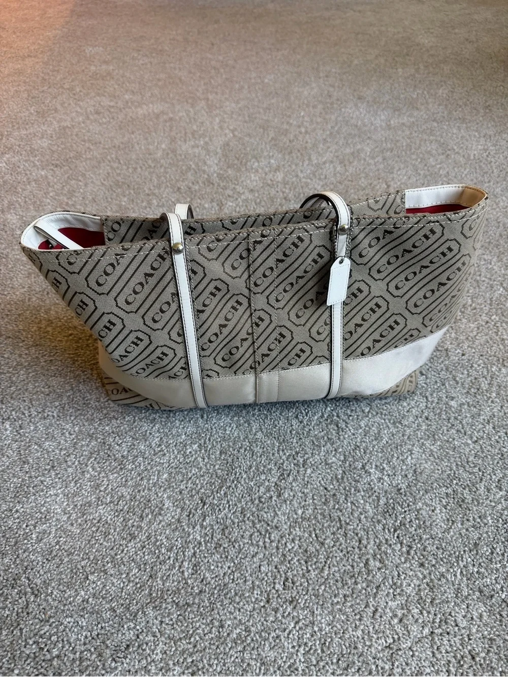 Coach Beige Signature Logo Tote with White Trim